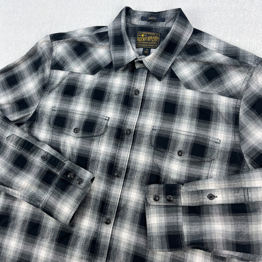 Lucky Brand Western Shirt Men L Black Plaid Pearl Snap Long Sleeve Retro